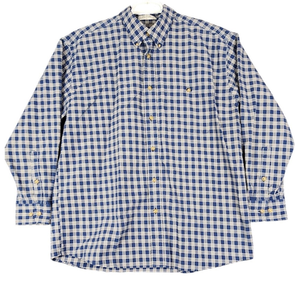 Orvis Mens Plaid Button Down Long Sleeve Shirt Blue White Large